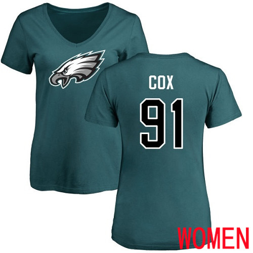 Women Philadelphia Eagles #91 Fletcher Cox Green Name and Number Logo Slim Fit NFL T Shirt